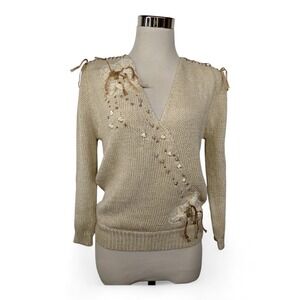 Romantic 90s Embellished Sweater Ribbon Lace Softcore Neutral Cream Women Medium